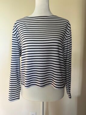 Theory Navy and White Striped Long Sleeve Boatneck Top